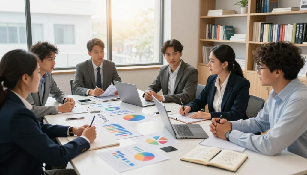 A bright, modern office workspace featuring a diverse group of professionals in business attire, deeply engaged in a collaborative discussion. In the foreground, a large rectangular table is covered with essential tools for measuring social impact: colorful graphs, charts, a laptop displaying data analytics, and a notepad with handwritten notes. In the middle ground, a large window lets in warm, natural light, illuminating the scene and creating a productive atmosphere. The background shows shelves filled with books on sustainable development and social entrepreneurship. The overall mood is focused and proactive, showcasing a dynamic environment where measurable change is being discussed and planned. The image should be clear and well-composed, captured from a wide angle to encompass the collaborative spirit of the setting.