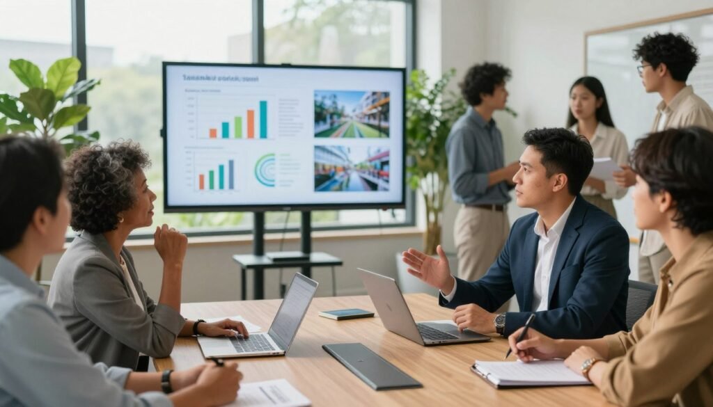 A diverse group of community stakeholders engaged in a dynamic discussion in a modern conference room setting. In the foreground, a middle-aged Black woman in professional attire gestures thoughtfully while leading the conversation. Beside her, a Hispanic man in smart casual clothing contributes with notes in hand. The middle ground showcases a large digital screen displaying graphs and images representing sustainable impact. Various plants and natural light streaming through large windows create a warm, inviting atmosphere. In the background, a few individuals are seen exchanging ideas, fostering a collaborative mood. The scene is well-lit, with a focus on teamwork and engagement, captured from an eye-level angle to emphasize interaction and connection.