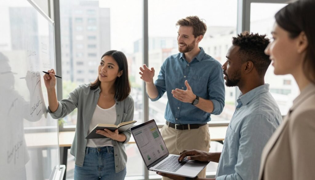 A diverse group of professionals engaged in a collaborative brainstorming session in a bright, modern office space. In the foreground, a woman of Asian descent sketches ideas on a whiteboard, while a Black man holds a laptop displaying data visualizations. In the middle ground, a Hispanic woman takes notes, and a Caucasian man gestures enthusiastically, promoting an atmosphere of teamwork and innovation. The background features large windows showcasing a cityscape, allowing natural light to flood the room, creating a warm and inviting atmosphere. Use a shallow depth of field to focus on the group while softly blurring the city backdrop. The image should exude positivity, professionalism, and a sense of purpose, embodying the essence of effective social impact strategy.