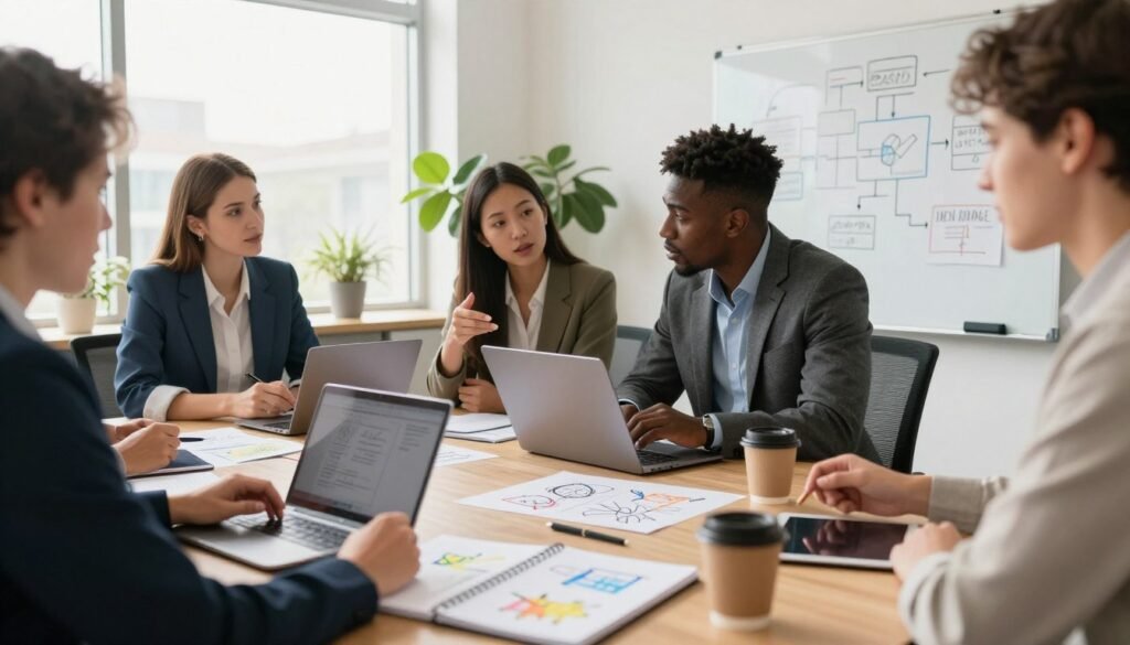 A diverse group of professionals gathered around a large conference table, engaged in a brainstorming session. Foreground: a close-up of a notepad filled with colorful sketches and notes, a coffee cup, and digital tablets. Middle: three team members (a Caucasian woman, a Black man, and an Asian woman) animatedly discussing ideas, all dressed in smart business attire, with laptops open in front of them. Background: a bright, modern office space with large windows letting in natural light, green plants lining the walls, and a whiteboard filled with diagrams and flowcharts. The atmosphere is collaborative and innovative, with a warm color palette creating a sense of engagement and teamwork. Soft focused lighting highlights the contributors’ expressions of concentration and enthusiasm. A diverse group of professionals gathered around a large conference table, engaged in a brainstorming session. Foreground: a close-up of a notepad filled with colorful sketches and notes, a coffee cup, and digital tablets. Middle: three team members (a Caucasian woman, a Black man, and an Asian woman) animatedly discussing ideas, all dressed in smart business attire, with laptops open in front of them. Background: a bright, modern office space with large windows letting in natural light, green plants lining the walls, and a whiteboard filled with diagrams and flowcharts. The atmosphere is collaborative and innovative, with a warm color palette creating a sense of engagement and teamwork. Soft focused lighting highlights the contributors’ expressions of concentration and enthusiasm.