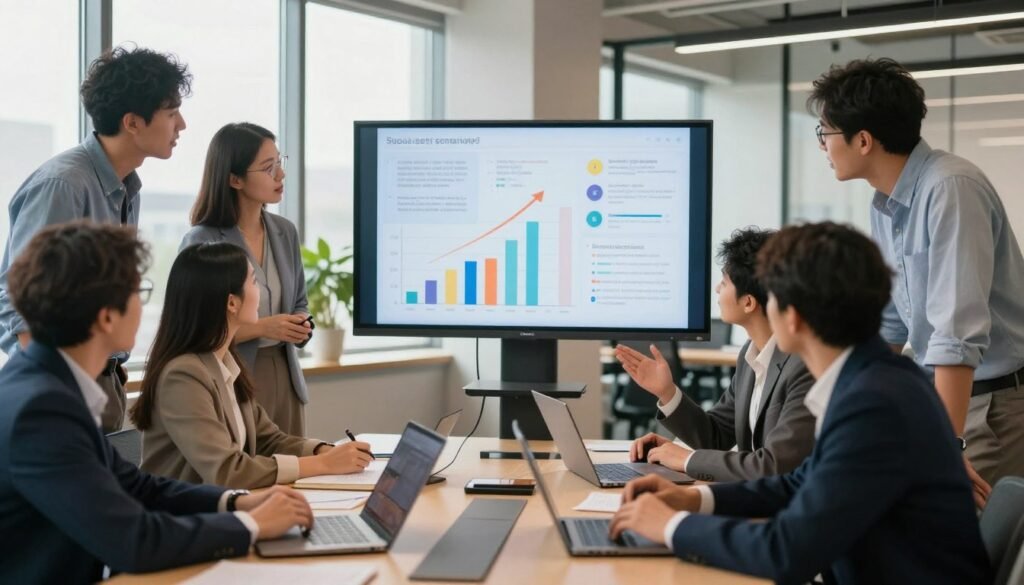 A dynamic and collaborative workspace showing a diverse team of professionals engaged in a brainstorming session. In the foreground, diverse individuals of various ethnicities, dressed in professional business attire, are animatedly discussing ideas, with laptops and notepads on the table. In the middle, there’s a large digital screen displaying graphs and success stories highlighted creatively. The background features a modern office environment with large windows allowing natural light to flood the space, creating a bright and inviting atmosphere. The overall mood is energetic and inspiring, reflecting teamwork and achievement. Soft, warm lighting emphasizes collaboration, while the camera angle captures the vibrant interactions among team members, creating a sense of movement and engagement. A dynamic and collaborative workspace showing a diverse team of professionals engaged in a brainstorming session. In the foreground, diverse individuals of various ethnicities, dressed in professional business attire, are animatedly discussing ideas, with laptops and notepads on the table. In the middle, there’s a large digital screen displaying graphs and success stories highlighted creatively. The background features a modern office environment with large windows allowing natural light to flood the space, creating a bright and inviting atmosphere. The overall mood is energetic and inspiring, reflecting teamwork and achievement. Soft, warm lighting emphasizes collaboration, while the camera angle captures the vibrant interactions among team members, creating a sense of movement and engagement.