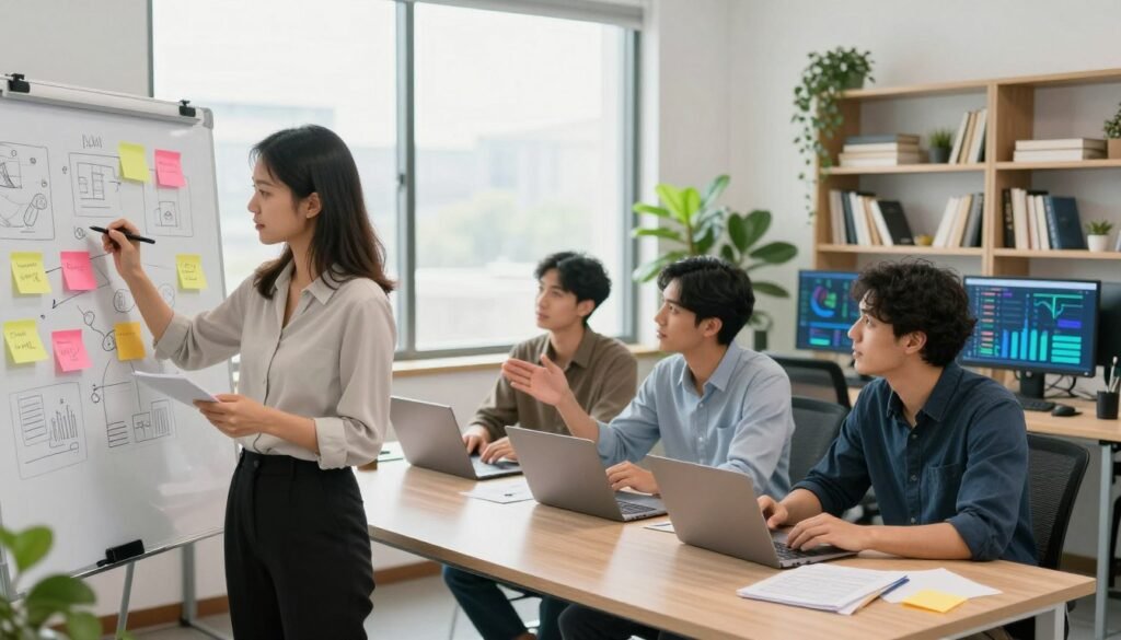 A dynamic and inspiring workspace showcasing a diverse group of professionals collaborating on a content strategy. In the foreground, a woman in a smart business casual outfit is sketching ideas on a whiteboard filled with colorful sticky notes and diagrams. In the middle, two men are analyzing data on laptops, one gesturing towards a vibrant digital display showing positive metrics. The background features a large window with natural light streaming in, plants to create a fresh atmosphere, and bookshelves filled with resources on digital marketing and creativity. The mood is energetic and focused, embodying teamwork and innovation, perfect for crafting a winning content strategy in a modern office setting. The image is bright, with soft lighting, captured at eye level for a direct and engaging perspective.