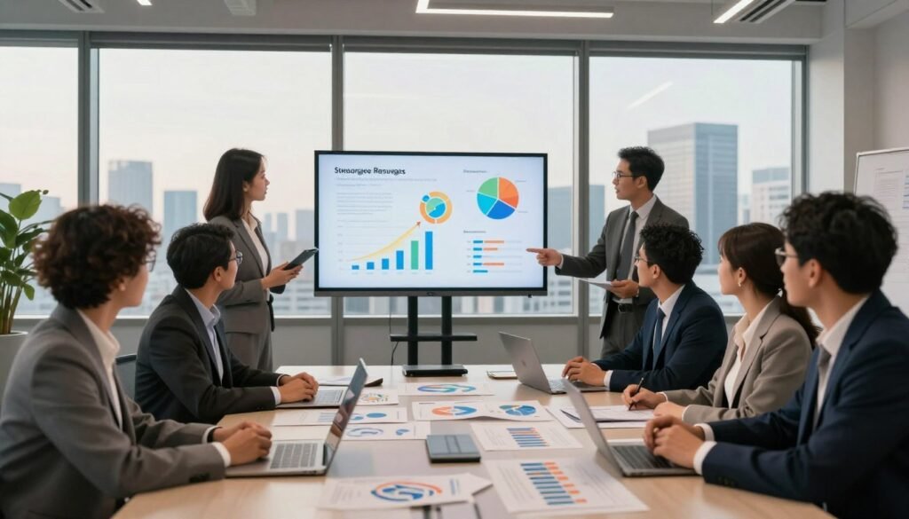 A dynamic corporate meeting scene in a modern office setting. In the foreground, a diverse group of professionals, dressed in business attire, are engaged in a discussion around a large table filled with charts and graphs representing resource allocation and outcomes. In the middle ground, a digital screen displays a colorful infographic highlighting strategies for aligning resources with measurable results. The background features large windows with a panoramic view of a city skyline under soft, natural lighting, casting warm tones across the room, enhancing a sense of collaboration and focus. The atmosphere is professional yet inspiring, emphasizing teamwork and strategic planning for sustainable growth.