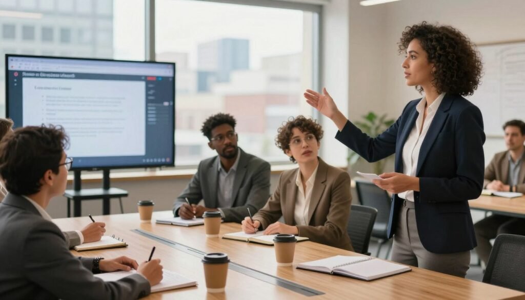 A dynamic, inspirational scene depicting diverse professionals engaged in a collaborative leadership workshop. In the foreground, a confident woman in formal business attire leads a brainstorming session, gesturing towards a digital presentation displayed on a sleek, modern screen. In the middle, a diverse group of four individuals, focused and engaged, participates actively, taking notes and sharing ideas. The background features large windows with natural light streaming in, highlighting an urban skyline. Soft, warm lighting creates an inviting atmosphere, while a large table is scattered with notebooks and coffee cups, emphasizing a creative environment. The overall mood is one of motivation, teamwork, and personal growth, exemplifying the development of leadership and decision-making skills. A dynamic, inspirational scene depicting diverse professionals engaged in a collaborative leadership workshop. In the foreground, a confident woman in formal business attire leads a brainstorming session, gesturing towards a digital presentation displayed on a sleek, modern screen. In the middle, a diverse group of four individuals, focused and engaged, participates actively, taking notes and sharing ideas. The background features large windows with natural light streaming in, highlighting an urban skyline. Soft, warm lighting creates an inviting atmosphere, while a large table is scattered with notebooks and coffee cups, emphasizing a creative environment. The overall mood is one of motivation, teamwork, and personal growth, exemplifying the development of leadership and decision-making skills.