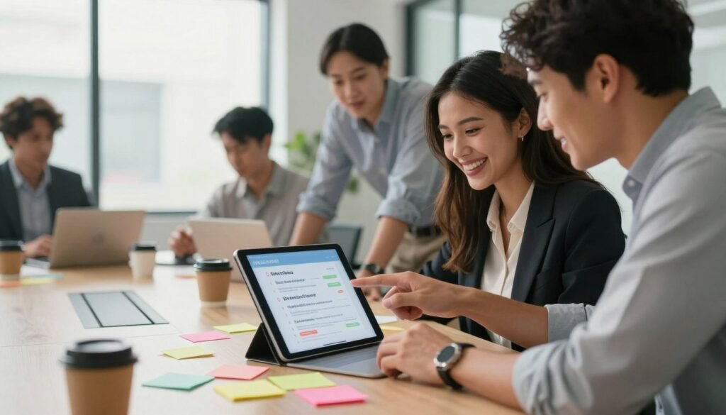 A dynamic office scene featuring a diverse group of professionals collaborating on email marketing strategies. In the foreground, a cheerful female marketer, dressed in smart casual attire, enthusiastically points at a digital tablet displaying eye-catching email subject lines, while a focused male coworker, also dressed professionally, leans in to read. The middle ground showcases a sleek modern conference table covered in colorful sticky notes and coffee cups, adding a touch of creativity. In the background, large windows let in soft natural light, casting a warm glow over the workspace. The atmosphere is energetic and collaborative, emphasizing the importance of effective subject lines in engaging audiences. The image should have a slight depth of field, subtly blurring the background to draw focus to the subjects in the foreground.