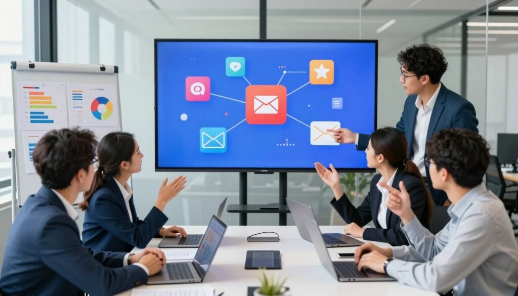A dynamic office scene illustrating an effective content distribution strategy. In the foreground, a diverse team of four professionals—two men and two women—engaged in a brainstorming session around a large table covered with laptops and digital devices. They are dressed in smart business attire, animatedly discussing strategies, with a whiteboard filled with colorful charts and graphs visible nearby. In the middle, a large digital screen displays various content distribution channels like social media icons and email newsletters, highlighting vibrant colors and visual connections. The background features a modern office with glass walls, allowing natural light to pour in, creating a bright and inspiring atmosphere. Aim for a slight overhead angle to capture both the team's interaction and the digital screen effectively, evoking a mood of collaboration and innovation. A dynamic office scene illustrating an effective content distribution strategy. In the foreground, a diverse team of four professionals—two men and two women—engaged in a brainstorming session around a large table covered with laptops and digital devices. They are dressed in smart business attire, animatedly discussing strategies, with a whiteboard filled with colorful charts and graphs visible nearby. In the middle, a large digital screen displays various content distribution channels like social media icons and email newsletters, highlighting vibrant colors and visual connections. The background features a modern office with glass walls, allowing natural light to pour in, creating a bright and inspiring atmosphere. Aim for a slight overhead angle to capture both the team's interaction and the digital screen effectively, evoking a mood of collaboration and innovation.