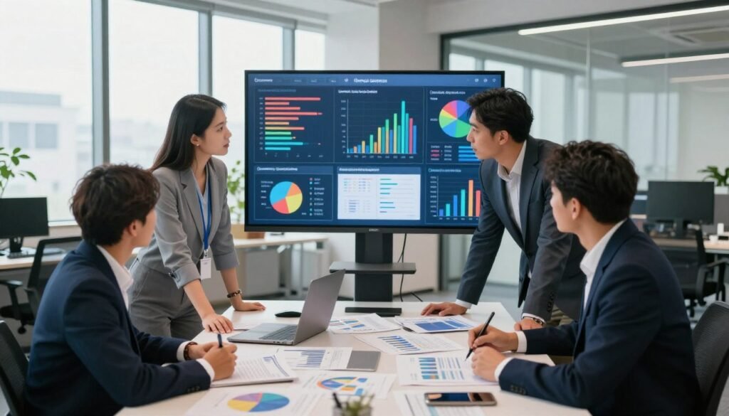 A dynamic office scene illustrating the integration of qualitative and quantitative data analysis. In the foreground, a diverse group of three professionals, dressed in formal business attire, are actively collaborating around a large table filled with charts, graphs, and data sheets. The middle ground features a large digital screen displaying colorful visualizations of data sets, blending qualitative insights with quantitative metrics. In the background, large windows allow natural light to flood the room, creating an inviting yet serious atmosphere. The room is modern and well-lit, with sleek furniture and plants adding a touch of warmth. The overall mood is focused and innovative, symbolizing the merging of analytical approaches for sustainable impact. Use a wide-angle perspective to capture both the teamwork and the data-driven environment.