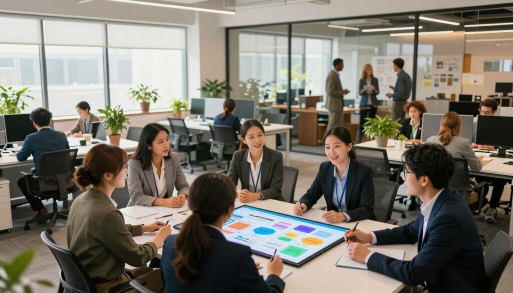A dynamic office space filled with diverse professionals engaged in collaborative discussions around a large table, symbolizing transformative organizational change. In the foreground, a group of three women and two men in professional business attire express enthusiasm while examining a vibrant, interactive digital whiteboard displaying colorful graphs and ideas. The middle ground features modern, open-plan workstations with plants and light streaming through large windows, creating an inviting atmosphere. In the background, a glass wall reveals a brain-storming session occurring in a well-lit lounge area, suggesting innovation and creativity. The lighting is bright and warm, emphasizing teamwork and positivity, captured with a slightly wide-angle lens to encompass the growing energy of change. The mood is inspiring and forward-thinking, reflecting a culture of innovation and collaboration. A dynamic office space filled with diverse professionals engaged in collaborative discussions around a large table, symbolizing transformative organizational change. In the foreground, a group of three women and two men in professional business attire express enthusiasm while examining a vibrant, interactive digital whiteboard displaying colorful graphs and ideas. The middle ground features modern, open-plan workstations with plants and light streaming through large windows, creating an inviting atmosphere. In the background, a glass wall reveals a brain-storming session occurring in a well-lit lounge area, suggesting innovation and creativity. The lighting is bright and warm, emphasizing teamwork and positivity, captured with a slightly wide-angle lens to encompass the growing energy of change. The mood is inspiring and forward-thinking, reflecting a culture of innovation and collaboration.