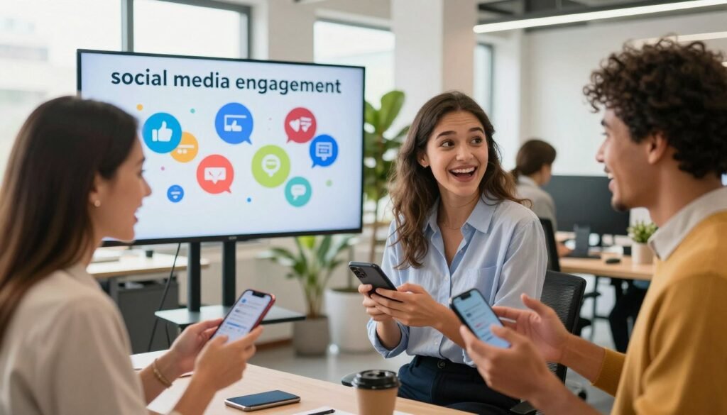 A dynamic scene showcasing "social media engagement" in a bustling office environment. In the foreground, a diverse group of three professionals, two women and one man, engaged in discussion, looking excited, while holding smartphones displaying social media notifications. They wear smart casual attire, with bright, engaging expressions. In the middle ground, a large digital screen displays colorful analytics and social media icons like likes, shares, and comments, radiating positive energy. The background features a modern office setup with plants and stylish desks, with soft natural light pouring in through large windows, creating an uplifting atmosphere. A warm color palette enhances the sense of collaboration and innovation, capturing the essence of elevated brand engagement through social media.