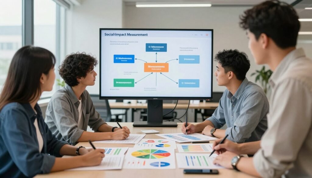 A dynamic workspace showcasing various social impact measurement frameworks. In the foreground, a diverse group of three professionals, dressed in business casual attire, collaborate over colorful infographics and charts spread across a large table. In the middle ground, a digital screen displays key performance indicators and flowcharts illustrating measurement tools. The background features a bright, modern office with large windows letting in natural light, creating a vibrant, uplifting atmosphere. Soft shadows enhance depth, and a slight depth of field effect focuses attention on the collaborative scene. The overall mood is one of innovation, teamwork, and a commitment to social progress.