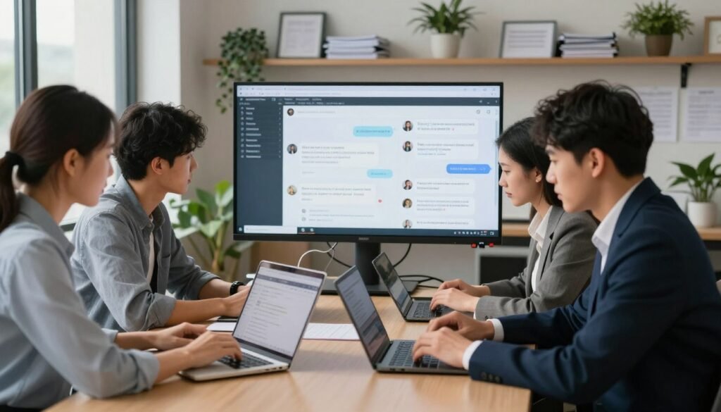 A focused content moderation scene set in a modern office environment. In the foreground, a diverse group of three professionals—two men and one woman—are engaged in reviewing user-generated content on laptops and tablets. They are dressed in professional business attire, showcasing concentration and teamwork. In the middle ground, a large screen displays various posts and comments, highlighting a mix of feedback. The background features shelves of organized documents and plants, adding a touch of warmth to the space. Soft, natural lighting flows in through large windows, casting gentle shadows. The atmosphere is serious yet collaborative, emphasizing diligence and responsibility within the content moderation role. A focused content moderation scene set in a modern office environment. In the foreground, a diverse group of three professionals—two men and one woman—are engaged in reviewing user-generated content on laptops and tablets. They are dressed in professional business attire, showcasing concentration and teamwork. In the middle ground, a large screen displays various posts and comments, highlighting a mix of feedback. The background features shelves of organized documents and plants, adding a touch of warmth to the space. Soft, natural lighting flows in through large windows, casting gentle shadows. The atmosphere is serious yet collaborative, emphasizing diligence and responsibility within the content moderation role.