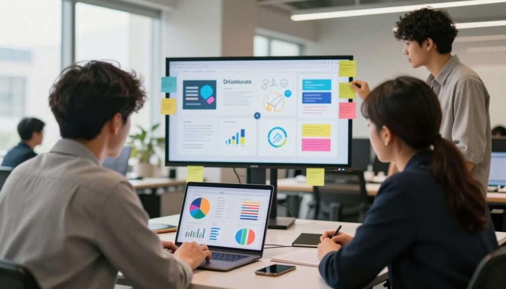 A modern digital workspace filled with creative professionals engaged in collaborative brainstorming. In the foreground, two individuals in smart business attire, focused on a laptop displaying colorful analytics and branding elements. The middle ground features a large screen illustrating tailored digital content strategies, surrounded by vibrant sticky notes and sketches. In the background, a bright and airy office space with windows letting in natural light, highlighting a sense of innovation. Soft, warm lighting enhances the collaborative atmosphere, while a shallow depth of field emphasizes the engaged team members. The mood is one of creativity and professionalism, underscoring the tailoring of digital content to meet brand needs.