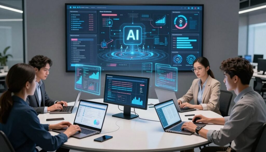 A modern digital workspace illustrating the integration of automated tools in online content moderation. In the foreground, a diverse group of three professionals, dressed in smart casual attire, collaborates around a sleek round table filled with laptops and digital devices displaying analytics dashboards. The middle ground features an array of advanced AI and machine learning tools represented as holographic interfaces, showing graphs and content analysis metrics. In the background, a large screen displays a visual flow of content being moderated in real-time, with symbols of AI and data processing. The lighting is bright and focused, creating a high-tech atmosphere, while the camera angle is slightly elevated to capture the teamwork and innovation in action, emphasizing a sense of collaboration and modernity in digital moderation. A modern digital workspace illustrating the integration of automated tools in online content moderation. In the foreground, a diverse group of three professionals, dressed in smart casual attire, collaborates around a sleek round table filled with laptops and digital devices displaying analytics dashboards. The middle ground features an array of advanced AI and machine learning tools represented as holographic interfaces, showing graphs and content analysis metrics. In the background, a large screen displays a visual flow of content being moderated in real-time, with symbols of AI and data processing. The lighting is bright and focused, creating a high-tech atmosphere, while the camera angle is slightly elevated to capture the teamwork and innovation in action, emphasizing a sense of collaboration and modernity in digital moderation.
