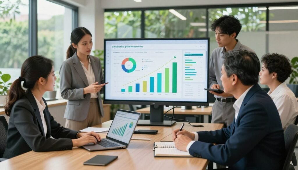 A modern marketing agency workspace filled with diverse professionals collaborating around a large table. In the foreground, a young woman in business attire is presenting a digital marketing strategy on a sleek laptop, while a middle-aged man in a tailored suit takes notes. The middle section features a large screen displaying vibrant, dynamic charts and growth statistics, emphasizing sustainable growth concepts like eco-friendly practices and diverse audience engagement. The background showcases large windows with a view of lush greenery, symbolizing sustainability and growth. Soft, natural lighting floods the room, creating a warm and inspiring atmosphere. The overall mood conveys professionalism, teamwork, and innovation within the context of sustainable marketing strategies. A modern marketing agency workspace filled with diverse professionals collaborating around a large table. In the foreground, a young woman in business attire is presenting a digital marketing strategy on a sleek laptop, while a middle-aged man in a tailored suit takes notes. The middle section features a large screen displaying vibrant, dynamic charts and growth statistics, emphasizing sustainable growth concepts like eco-friendly practices and diverse audience engagement. The background showcases large windows with a view of lush greenery, symbolizing sustainability and growth. Soft, natural lighting floods the room, creating a warm and inspiring atmosphere. The overall mood conveys professionalism, teamwork, and innovation within the context of sustainable marketing strategies.