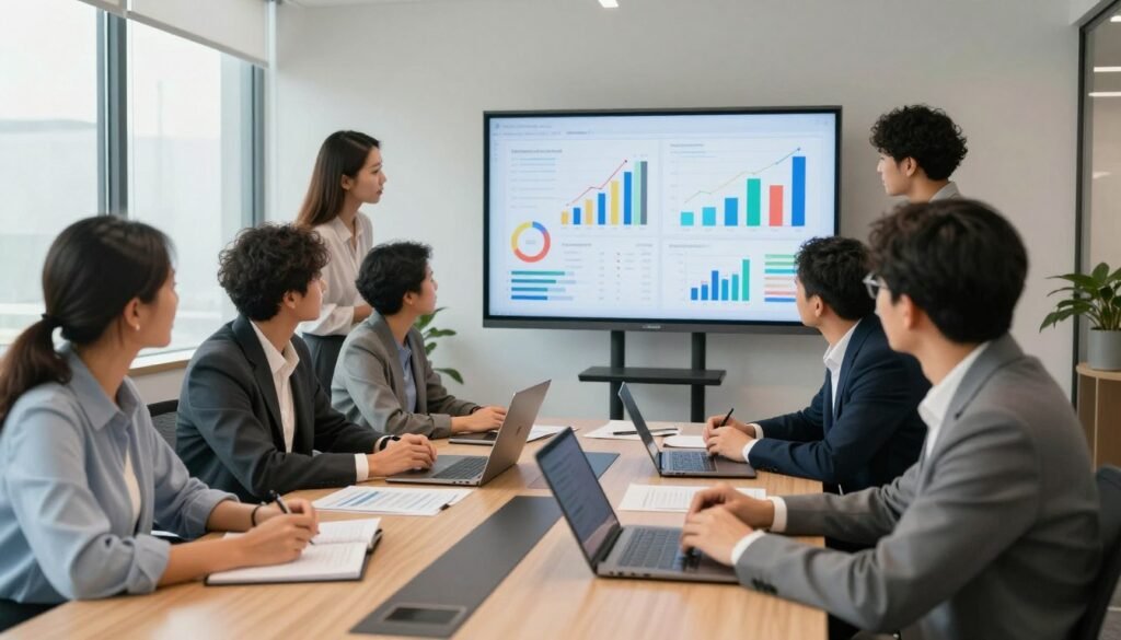 A modern office environment with professionals gathered around a conference table analyzing social impact metrics and outcomes. In the foreground, a diverse group of individuals, dressed in professional business attire, is engaged in a discussion, with a large digital screen displaying colorful graphs and data visualizations. The middle ground features laptops and documents scattered across the table, highlighting reports on social impact assessments. In the background, large windows allow natural light to flood the room, creating an inviting atmosphere. The mood is one of collaboration and focus, conveyed through soft lighting and warm color tones, emphasizing the importance of measurable change and sustainable growth in social initiatives.
