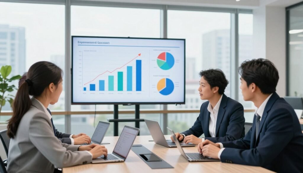 A modern office setting showcasing the business advantages of a content-centric approach. In the foreground, a diverse group of three professionals dressed in formal business attire are gathered around a sleek conference table, engaged in a dynamic discussion with digital devices in hand. In the middle ground, a large digital screen displays vibrant graphs and infographics illustrating increased engagement and brand growth, while colorful charts symbolize success. The background features large windows with a cityscape view, allowing natural light to fill the room, creating a bright and optimistic atmosphere. The composition is shot from a slightly elevated angle to capture the collaboration and energy in the room, emphasizing teamwork and innovation, reflecting a productive corporate environment.