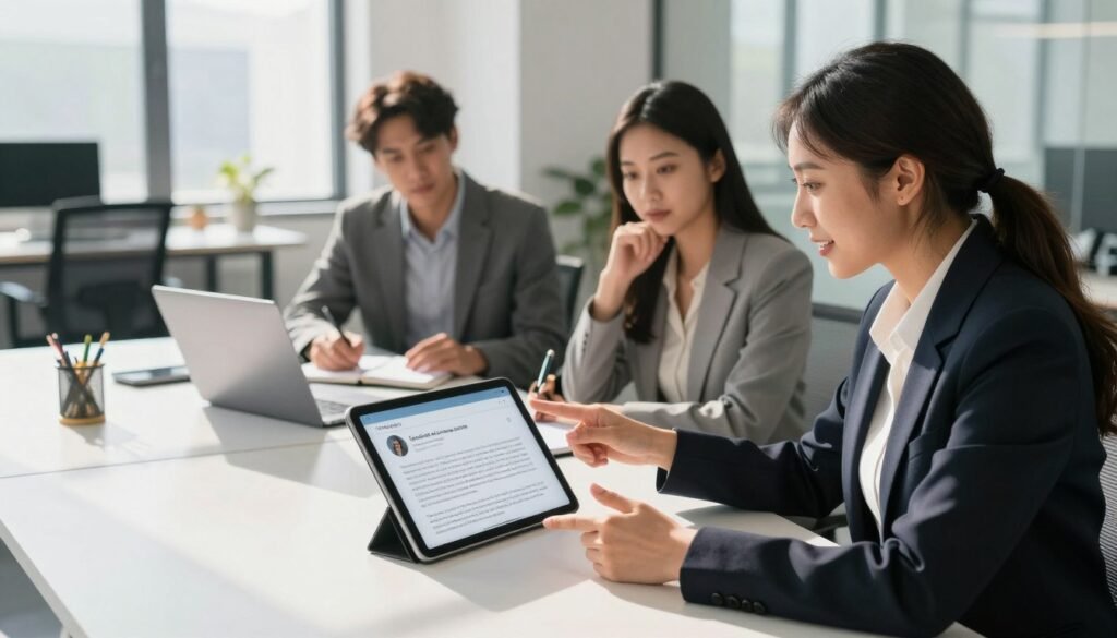 A modern, professional workspace setting showcasing a diverse group of three individuals gathered around a sleek table, analyzing detailed customer testimonials and case studies displayed on digital tablets and laptops. In the foreground, one individual, a woman in a smart blazer, is gesturing enthusiastically while pointing to a tablet screen. In the middle ground, two colleagues, a man and a woman, are nodding and taking notes, dressed in business attire, highlighting a collaborative atmosphere. The background features a bright, airy office with large windows that allow natural sunlight to illuminate the space, casting soft shadows. The mood is focused and engaging, with a sense of trust and partnership in the air, emphasizing the importance of transparency and positive experiences in building business relationships.