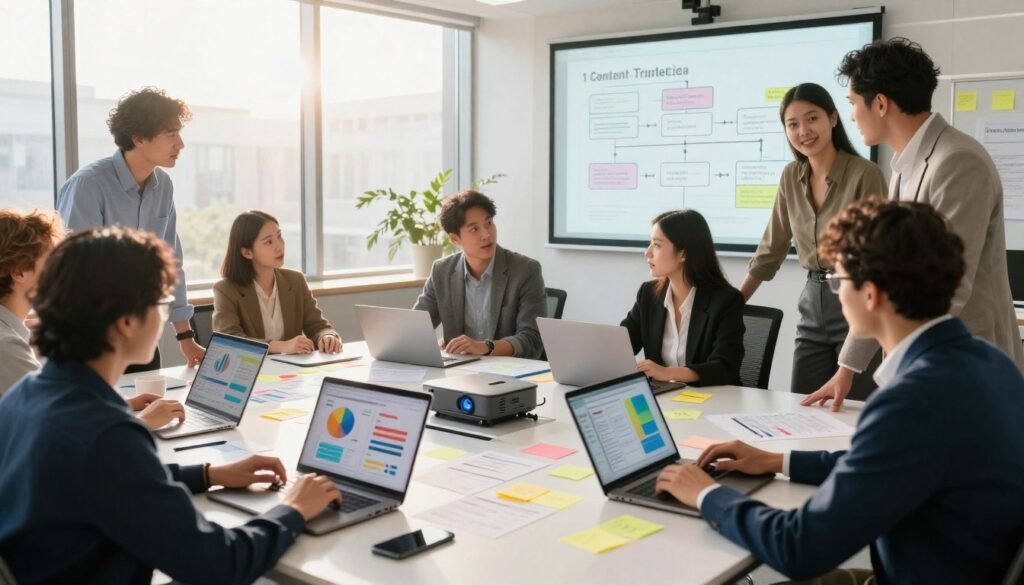 A modern workspace filled with creative professionals collaborating on innovative content strategies. In the foreground, a diverse group of individuals in professional business attire, engaged in brainstorming, with laptops and digital tablets displaying colorful graphs and charts. In the middle, a sleek table covered with notes, sticky notes, and a digital projector showing a flowchart of content ideas. In the background, large windows illuminated by natural sunlight, casting a warm glow that enhances the atmosphere of creativity and productivity. The overall mood is energetic and forward-thinking, inviting a sense of collaboration and growth within a digital content landscape. The perspective is slightly angled to convey depth while keeping the focus on teamwork and innovation. A modern workspace filled with creative professionals collaborating on innovative content strategies. In the foreground, a diverse group of individuals in professional business attire, engaged in brainstorming, with laptops and digital tablets displaying colorful graphs and charts. In the middle, a sleek table covered with notes, sticky notes, and a digital projector showing a flowchart of content ideas. In the background, large windows illuminated by natural sunlight, casting a warm glow that enhances the atmosphere of creativity and productivity. The overall mood is energetic and forward-thinking, inviting a sense of collaboration and growth within a digital content landscape. The perspective is slightly angled to convey depth while keeping the focus on teamwork and innovation.
