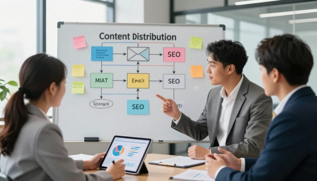 A professional business environment illustrating a content distribution strategy. In the foreground, a diverse group of three professionals—one man and two women—engaged in a discussion, dressed in smart business attire, analyzing a digital tablet displaying graphs and charts. In the middle ground, a large whiteboard filled with colorful flowcharts and sticky notes representing different distribution channels like social media, email, and SEO strategies. The background features a modern office with large windows, allowing natural light to pour in, creating a bright and optimistic atmosphere. The composition is shot from a slightly elevated angle to capture both the whiteboard and the engaged professionals. The overall mood is one of collaboration and focus, emphasizing the importance of devising a solid content distribution strategy. A professional business environment illustrating a content distribution strategy. In the foreground, a diverse group of three professionals—one man and two women—engaged in a discussion, dressed in smart business attire, analyzing a digital tablet displaying graphs and charts. In the middle ground, a large whiteboard filled with colorful flowcharts and sticky notes representing different distribution channels like social media, email, and SEO strategies. The background features a modern office with large windows, allowing natural light to pour in, creating a bright and optimistic atmosphere. The composition is shot from a slightly elevated angle to capture both the whiteboard and the engaged professionals. The overall mood is one of collaboration and focus, emphasizing the importance of devising a solid content distribution strategy.