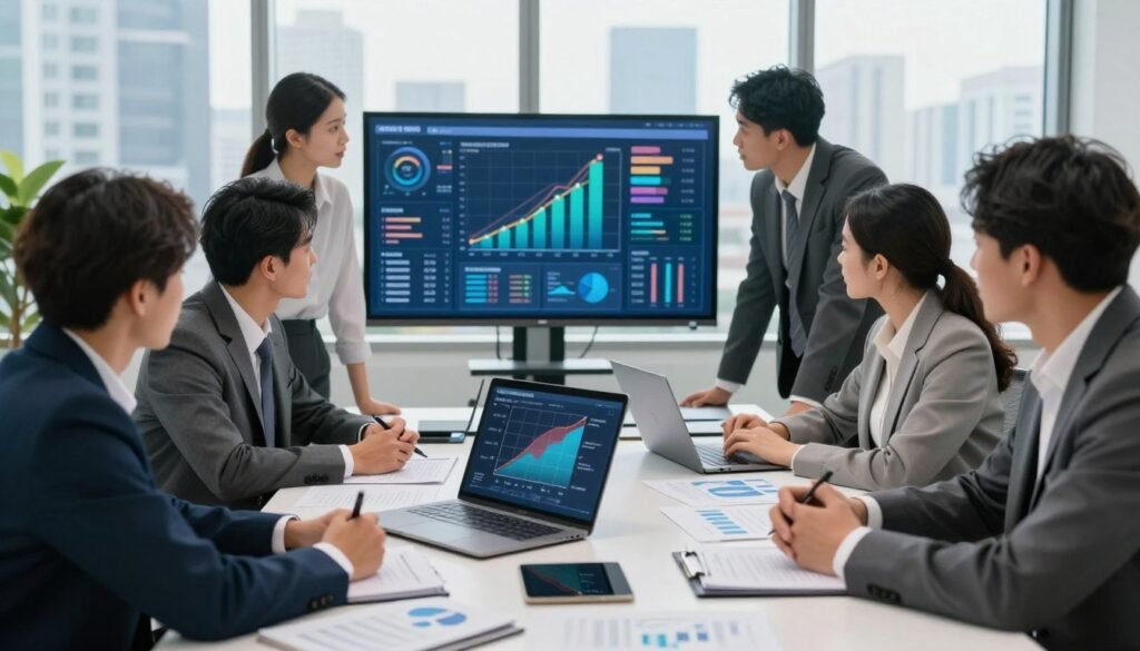 A professional business team meeting in a modern office environment, gathered around a large table strewn with documents, charts, and digital devices. In the foreground, a diverse group of professionals in business attire discuss potential risks, one person pointing at a graphical chart on a laptop screen displaying a risk assessment matrix. In the middle ground, a large transparent screen shows visual data trends and potential consequences. The background features large windows with a city skyline, letting in bright, natural light that enhances the focused atmosphere. The mood is serious yet collaborative, emphasizing critical thinking and proactive strategies for sustainable growth. The image is shot from a slightly elevated angle to capture both the discussion and the visual data effectively. A professional business team meeting in a modern office environment, gathered around a large table strewn with documents, charts, and digital devices. In the foreground, a diverse group of professionals in business attire discuss potential risks, one person pointing at a graphical chart on a laptop screen displaying a risk assessment matrix. In the middle ground, a large transparent screen shows visual data trends and potential consequences. The background features large windows with a city skyline, letting in bright, natural light that enhances the focused atmosphere. The mood is serious yet collaborative, emphasizing critical thinking and proactive strategies for sustainable growth. The image is shot from a slightly elevated angle to capture both the discussion and the visual data effectively.