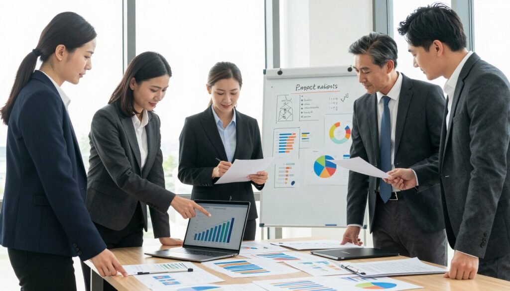 A professional, modern office environment showcasing a diverse team of business professionals standing together around a large table covered with charts and graphs, symbolizing risk mitigation strategies. In the foreground, a mid-30s woman in a smart blazer points to a colorful bar chart on a laptop screen, while a middle-aged man in a formal suit reviews documents. In the middle ground, a whiteboard is filled with key strategies and visuals related to impact analysis. The background features a large window letting in natural light, creating a bright and optimistic atmosphere. The mood is focused and collaborative, with warm lighting enhancing the sense of teamwork. The angle captures the teamwork dynamics, emphasizing engagement and strategy development. A professional, modern office environment showcasing a diverse team of business professionals standing together around a large table covered with charts and graphs, symbolizing risk mitigation strategies. In the foreground, a mid-30s woman in a smart blazer points to a colorful bar chart on a laptop screen, while a middle-aged man in a formal suit reviews documents. In the middle ground, a whiteboard is filled with key strategies and visuals related to impact analysis. The background features a large window letting in natural light, creating a bright and optimistic atmosphere. The mood is focused and collaborative, with warm lighting enhancing the sense of teamwork. The angle captures the teamwork dynamics, emphasizing engagement and strategy development.