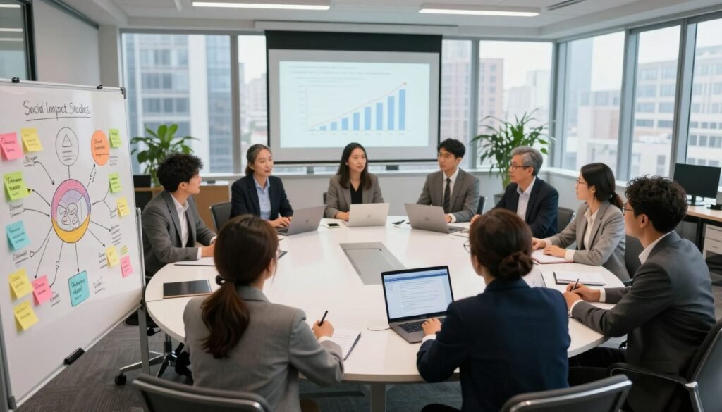 A professional office space with a large round table at the center, surrounded by diverse individuals in business attire deeply engaged in discussion. In the foreground, a whiteboard filled with colorful mind maps and sticky notes illustrating ideas and objectives related to social impact studies. The middle ground features a digital projector displaying a graph showing growth metrics, while a laptop sits open with documents visible. In the background, floor-to-ceiling windows allowing natural light to flood the room, showcasing a city skyline. The atmosphere is collaborative and focused, with warm lighting adding a sense of productivity and determination. The image captures the essence of defining scope and objectives in a dynamic and professional setting. A professional office space with a large round table at the center, surrounded by diverse individuals in business attire deeply engaged in discussion. In the foreground, a whiteboard filled with colorful mind maps and sticky notes illustrating ideas and objectives related to social impact studies. The middle ground features a digital projector displaying a graph showing growth metrics, while a laptop sits open with documents visible. In the background, floor-to-ceiling windows allowing natural light to flood the room, showcasing a city skyline. The atmosphere is collaborative and focused, with warm lighting adding a sense of productivity and determination. The image captures the essence of defining scope and objectives in a dynamic and professional setting.