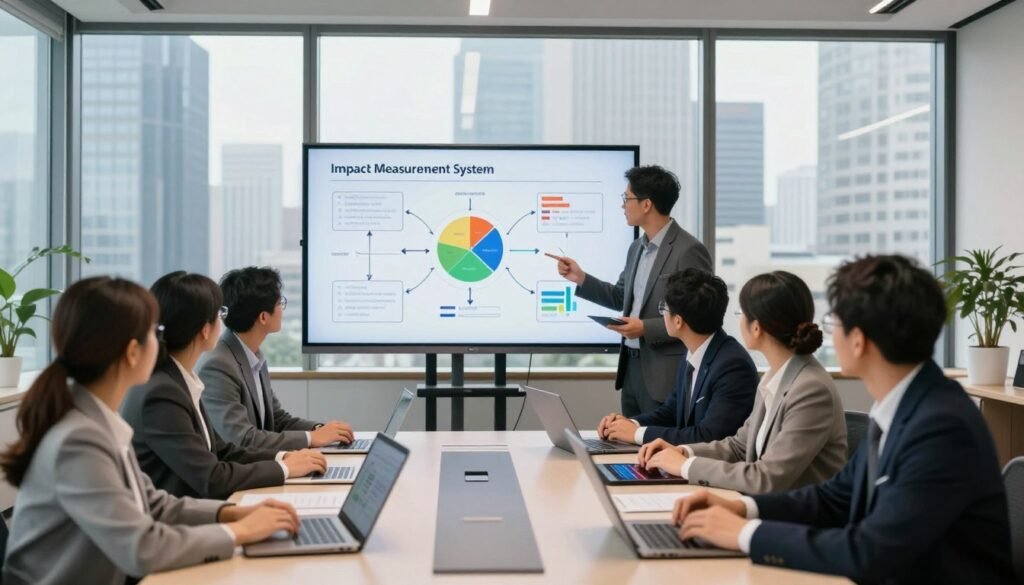A professional setting depicting the steps of implementing an impact measurement system. In the foreground, a diverse group of individuals in professional business attire are engaged in a brainstorming session around a modern conference table, using laptops and digital tablets. The middle ground features flowcharts and graphs on large screens illustrating key performance indicators and metrics. In the background, a bright and airy office space with large windows showing a city skyline, reflecting a sense of innovation and growth. Soft, natural lighting enhances the collaborative atmosphere, creating a mood of focus and progress. The scene captures the essence of teamwork and strategic planning in driving sustainable growth.