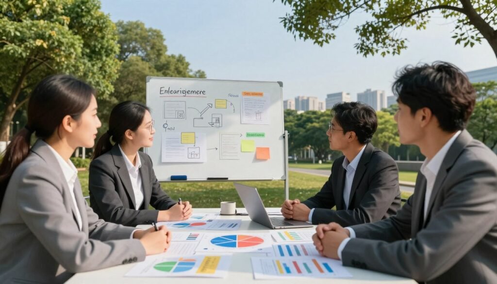 A serene outdoor meeting setting under a clear blue sky, where a diverse group of four professionals dressed in smart business attire discuss strategies. In the foreground, a table with colorful charts and graphs highlighting mitigation and enhancement strategies for social projects. The middle ground showcases a whiteboard filled with brainstorming notes and diagrams, symbolizing innovative ideas. The background includes lush green trees and a distant city skyline, representing balance between nature and urban development. Soft sunlight casts gentle shadows, creating a warm and collaborative atmosphere, encouraging positive interaction and engagement among the participants. Use a wide-angle lens to capture depth and vibrancy in the scene, ensuring clarity and focus on the discussions. A serene outdoor meeting setting under a clear blue sky, where a diverse group of four professionals dressed in smart business attire discuss strategies. In the foreground, a table with colorful charts and graphs highlighting mitigation and enhancement strategies for social projects. The middle ground showcases a whiteboard filled with brainstorming notes and diagrams, symbolizing innovative ideas. The background includes lush green trees and a distant city skyline, representing balance between nature and urban development. Soft sunlight casts gentle shadows, creating a warm and collaborative atmosphere, encouraging positive interaction and engagement among the participants. Use a wide-angle lens to capture depth and vibrancy in the scene, ensuring clarity and focus on the discussions.