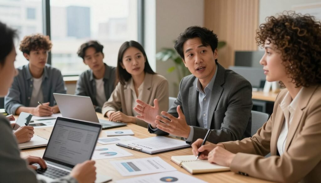A vibrant and engaging scene depicting a diverse group of professionals gathered around a table, actively sharing stories and ideas. In the foreground, illustrate a mid-30s male with short black hair wearing a smart casual outfit, animatedly describing a personal experience with visual aids like a notepad and laptop. Beside him, a mid-40s female with curly brown hair in business attire listens intently, jotting down notes. In the middle ground, other colleagues—an Asian woman and a Hispanic man—exchange thoughtful glances, creating an atmosphere of collaboration and authenticity. The background features a warm, well-lit office space with large windows letting in natural light, showcasing a city skyline, adding a sense of inspiration. The overall mood should be dynamic and focused, emphasizing the power of storytelling in content engagement strategies, with balanced lighting reflecting creativity and openness. A vibrant and engaging scene depicting a diverse group of professionals gathered around a table, actively sharing stories and ideas. In the foreground, illustrate a mid-30s male with short black hair wearing a smart casual outfit, animatedly describing a personal experience with visual aids like a notepad and laptop. Beside him, a mid-40s female with curly brown hair in business attire listens intently, jotting down notes. In the middle ground, other colleagues—an Asian woman and a Hispanic man—exchange thoughtful glances, creating an atmosphere of collaboration and authenticity. The background features a warm, well-lit office space with large windows letting in natural light, showcasing a city skyline, adding a sense of inspiration. The overall mood should be dynamic and focused, emphasizing the power of storytelling in content engagement strategies, with balanced lighting reflecting creativity and openness.