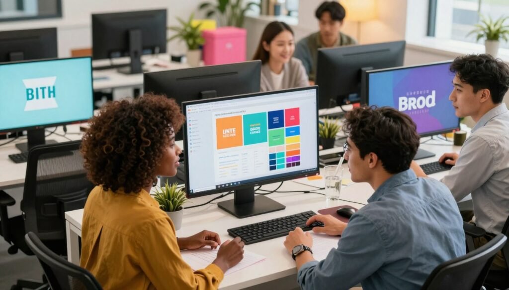 A vibrant, modern workspace filled with professionals collaborating on digital content. In the foreground, a diverse group of three individuals—one Black woman, one Hispanic man, and one Asian woman—are engaged in discussion, dressed in smart casual attire that blends creativity with professionalism. In the middle background, colorful digital screens display cohesive brand elements, showcasing logos, typography, and color palettes that resonate with unity. The lighting is bright and inviting, casting a warm glow that emphasizes innovation and teamwork. The overall atmosphere is energetic and focused, conveying a sense of purpose and cohesion that underscores the importance of a unified brand voice across digital channels. The viewpoint is slightly elevated, providing a dynamic angle that captures both the individuals and their collaborative workspace. A vibrant, modern workspace filled with professionals collaborating on digital content. In the foreground, a diverse group of three individuals—one Black woman, one Hispanic man, and one Asian woman—are engaged in discussion, dressed in smart casual attire that blends creativity with professionalism. In the middle background, colorful digital screens display cohesive brand elements, showcasing logos, typography, and color palettes that resonate with unity. The lighting is bright and inviting, casting a warm glow that emphasizes innovation and teamwork. The overall atmosphere is energetic and focused, conveying a sense of purpose and cohesion that underscores the importance of a unified brand voice across digital channels. The viewpoint is slightly elevated, providing a dynamic angle that captures both the individuals and their collaborative workspace.
