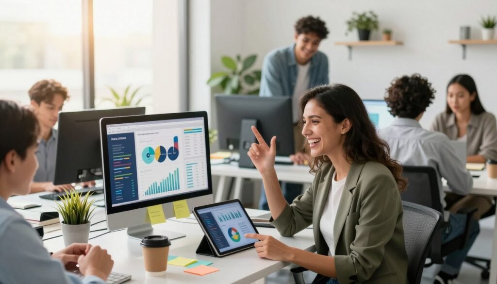 A visually engaging office environment showcasing a diverse group of professionals working collaboratively at a modern workspace, focused on creating social media content. In the foreground, a woman in smart casual attire, joyfully brainstorming on a digital tablet, surrounded by colorful notes and coffee cups. The middle layer features a sleek computer screen displaying vibrant social media graphics, graphs, and engagement statistics. In the background, large windows let in natural sunlight, illuminating plants and a minimalist aesthetic. The mood is dynamic and inspiring, reflecting creativity and teamwork. The lighting is bright and warm, suggesting a positive atmosphere, while a soft focus ensures the scene feels lively yet professional. A visually engaging office environment showcasing a diverse group of professionals working collaboratively at a modern workspace, focused on creating social media content. In the foreground, a woman in smart casual attire, joyfully brainstorming on a digital tablet, surrounded by colorful notes and coffee cups. The middle layer features a sleek computer screen displaying vibrant social media graphics, graphs, and engagement statistics. In the background, large windows let in natural sunlight, illuminating plants and a minimalist aesthetic. The mood is dynamic and inspiring, reflecting creativity and teamwork. The lighting is bright and warm, suggesting a positive atmosphere, while a soft focus ensures the scene feels lively yet professional.