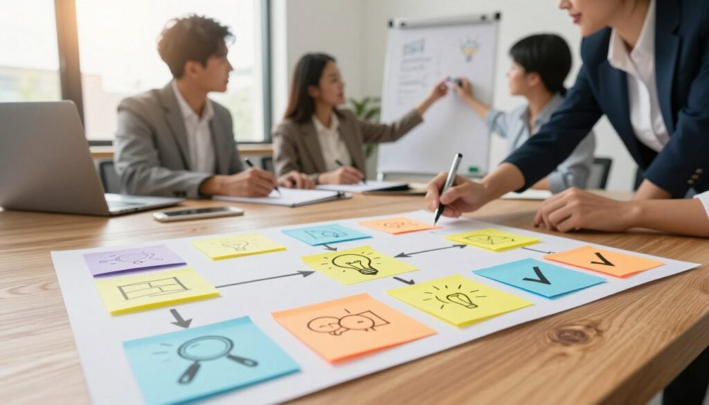 A visually engaging step-by-step social impact guide, laid out on a wooden table. In the foreground, vibrant sticky notes with clear, bold illustrations representing each step, such as a magnifying glass for assessment, a lightbulb for ideas, and a checkmark for execution. In the middle ground, a diverse group of three professionals dressed in smart business attire, actively discussing the guide. They are using markers to jot down thoughts on a flip chart, emphasizing collaboration. The background features a bright, airy office with large windows, letting in warm, natural light that enhances a hopeful and productive atmosphere. The angle captures both the guide and the engaged individuals, evoking a sense of purpose and community impact. A visually engaging step-by-step social impact guide, laid out on a wooden table. In the foreground, vibrant sticky notes with clear, bold illustrations representing each step, such as a magnifying glass for assessment, a lightbulb for ideas, and a checkmark for execution. In the middle ground, a diverse group of three professionals dressed in smart business attire, actively discussing the guide. They are using markers to jot down thoughts on a flip chart, emphasizing collaboration. The background features a bright, airy office with large windows, letting in warm, natural light that enhances a hopeful and productive atmosphere. The angle captures both the guide and the engaged individuals, evoking a sense of purpose and community impact.
