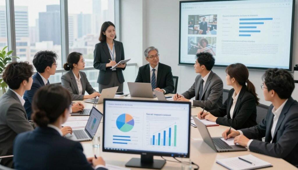 A well-organized conference room featuring a diverse group of professionals in business attire engaged in a collaborative discussion around a large table. In the foreground, a digital presentation screen displays graphs and charts indicating social impact assessments. The middle layer showcases individuals deep in conversation, with notebooks, laptops, and projected slides illustrating successful case studies. The background includes floor-to-ceiling windows with a city skyline, allowing natural light to flood the room, creating an inspiring and dynamic atmosphere. The overall mood is focused and optimistic, highlighting teamwork and real-world applications in social impact assessment. Use soft, diffused lighting to enhance a sense of professionalism and clarity in the scene.
