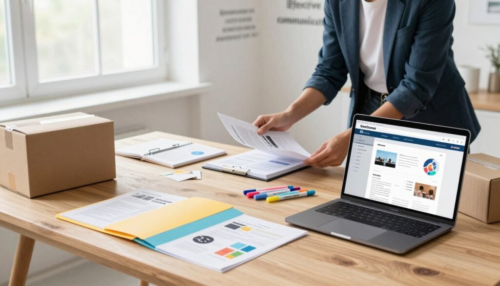 A well-organized workspace showcasing the process of packaging and repurposing content for email. In the foreground, a neatly arranged wooden desk features an open laptop displaying a visually appealing email template, alongside colorful folders filled with printed articles and infographics. In the middle, a professional individual in smart casual attire is thoughtfully reviewing content on paper, with a brainstorming notepad and a set of colorful markers scattered around. In the background, a bright window allows natural light to flood the room, illuminating a wall displaying inspirational quotes about effective communication and creativity. The mood is focused yet inspiring, capturing the effective synergy of content creation and digital marketing in a modern workspace.